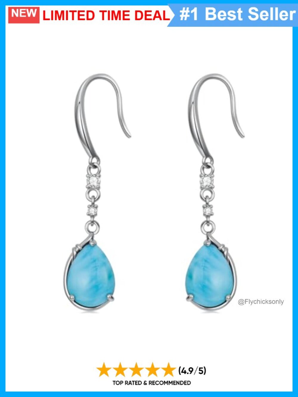 Larimar Diamond Teardrop Dangle Earrings 925 Sterling Silver Leverback